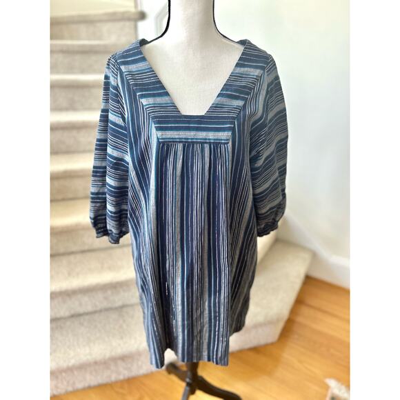 Garnet Hill Navy Teal Metallic Silver Stripe Organic Cotton Shift Dress - Picture 1 of 9